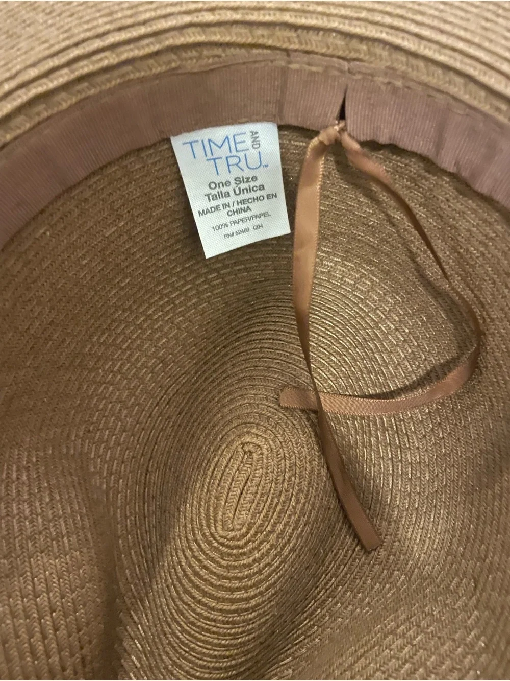 Time and Tru Wide Brim Straw Sun Hat in Brown with Patterned Band